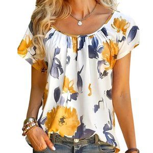 Floral Print Crew Neck T-Shirt, Casual Short Sleeve with Ruching on Neckline XXL